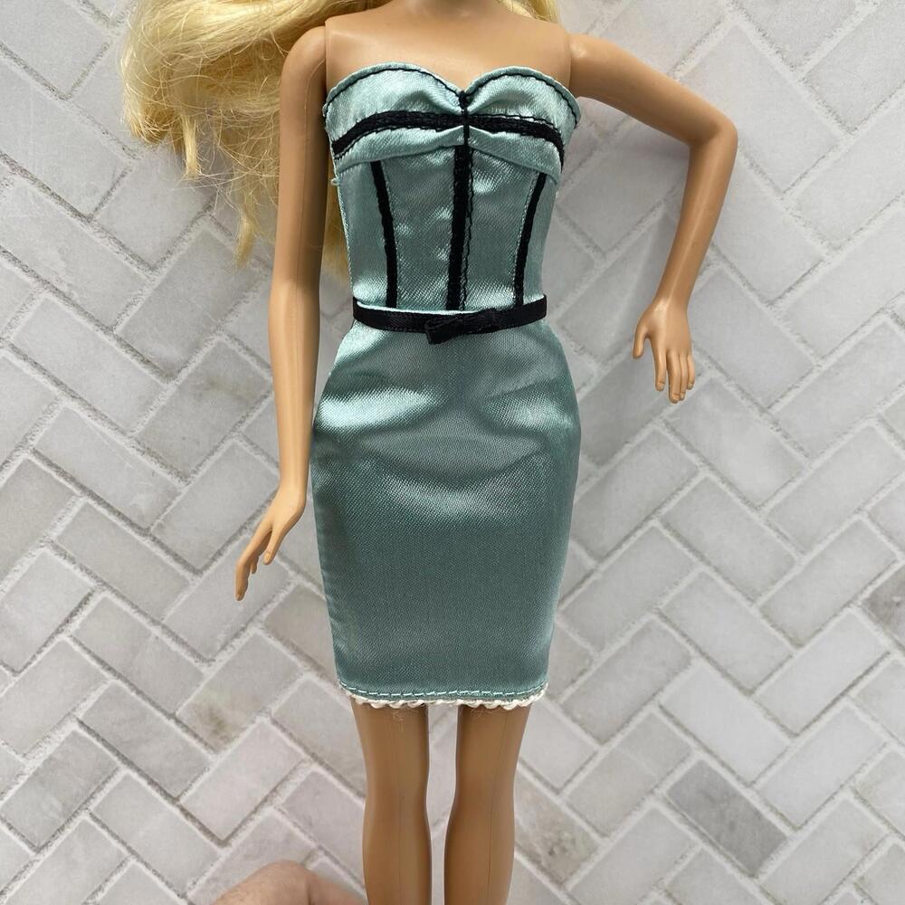 Vintage Barbie Doll Strapless Mint Green Corset Style Black Trim Cocktail Dress